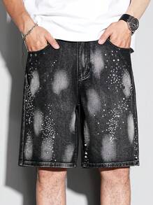 Manfinity Homme Pantalones cortos de mezclilla casuales holgados para hombres con bolsillos y rhinestones - Gris Oscuro - Ver 3