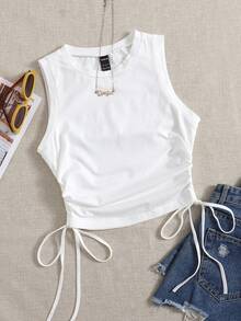 Comfortcana Plus Size White Cotton Drawstring Basic Stretch Knit Tank Top Vacation Summer Medieval - White - View 7