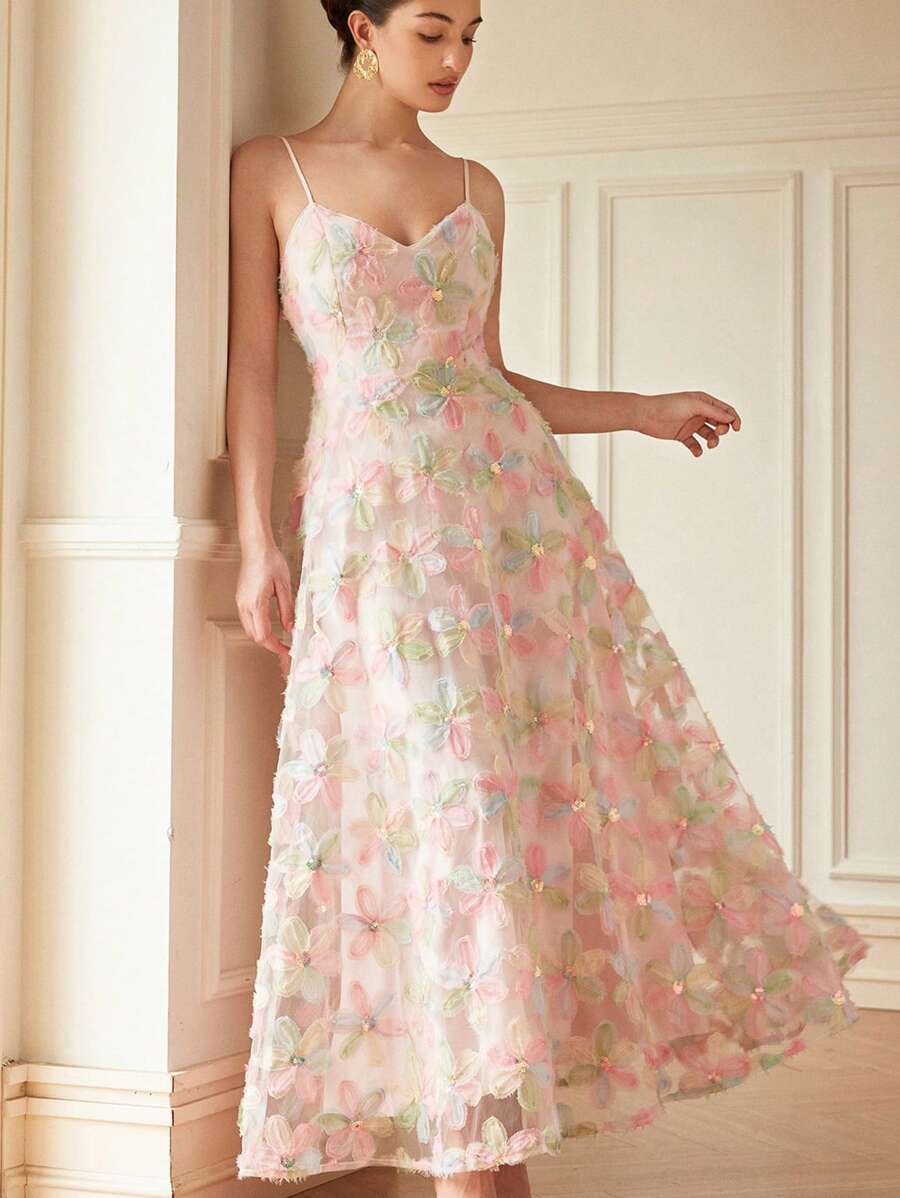 Aveloria Rosie 新款法式无袖连衣裙，绣有亮片和网眼分层花卉装饰，优雅时尚风格，全身印花，适合夏季春秋季 - 彩色 - 查看 1