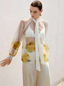 SHEIN Privé Bluză elegantă din șifon, cu imprimeu floral vintage, pentru plajă, vacanță, sexy, fără spate, cu papion, lejeră, pentru femei - Multicolor - Vizualizare 3