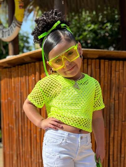 SHEIN Young Girl Neon Green Knit Mesh Crew Neck Short Sleeve Sporty Casual Cover Up Top, Spring Summer, Mommy And Me Matching (2 Sets Sold Separately)