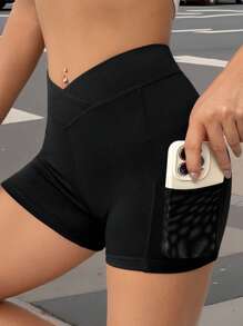 SHEIN EZwear 纯色不对称腰带手机袋侧边骑行短裤 - 黑色 - 查看 7