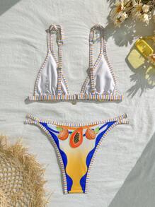 Swim Vcay New Fruit & Ocean Printed High-End Rhinestone Women Bikini 2 Pieces Set With Adjustable Straps, Summer Resort , Beach - Multicolor - View 2