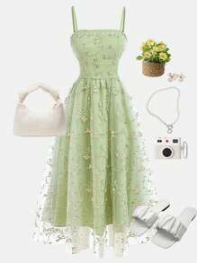 Girlism Vestido camisero verde con bordado floral y malla para adolescentes, vestido de verano, vestido para té, vestido en tonos pastel
