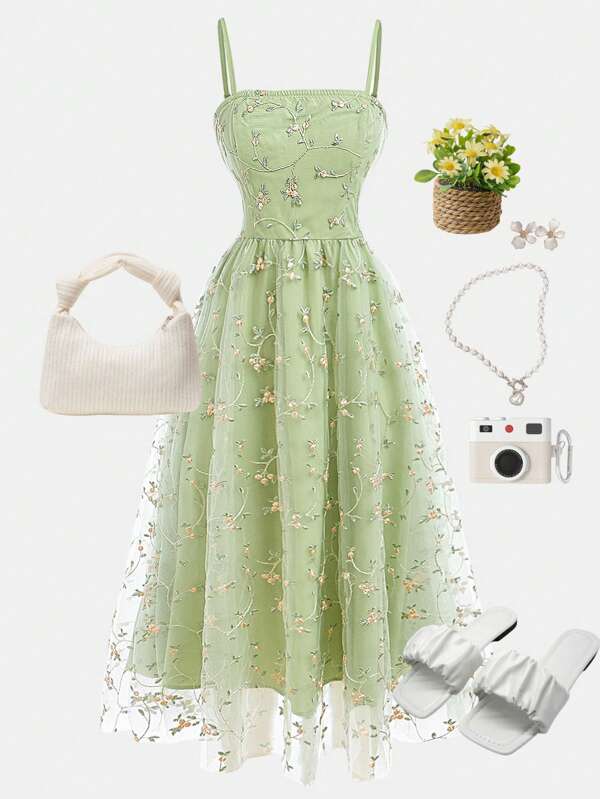 Girlism Vestido camisero verde con bordado floral y malla para adolescentes, vestido de verano, vestido para té, vestido en tonos pastel