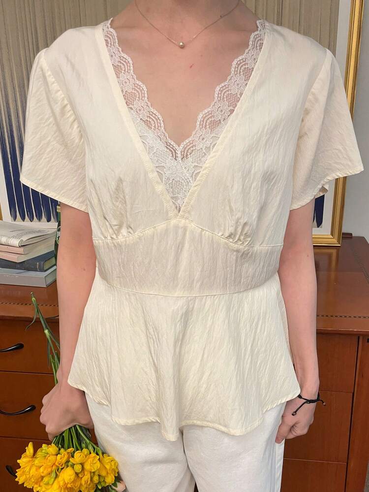 Women's Solid Color Contrast Lace Cinched Waist Slim Fit Short Sleeve Casual Summer Top Blouse