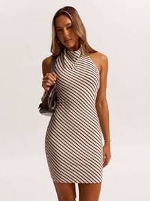 SHEIN BAE Women's Elegant Brown Striped Off-Shoulder Draped Short Dress With A Collar, Suitable For Daily Commuting Wear, Women's Vacation Wear For Going Out, Summer Vacation Wear/Honeymoon Outfits Woman/Business Casual Woman/Old Money Style Women