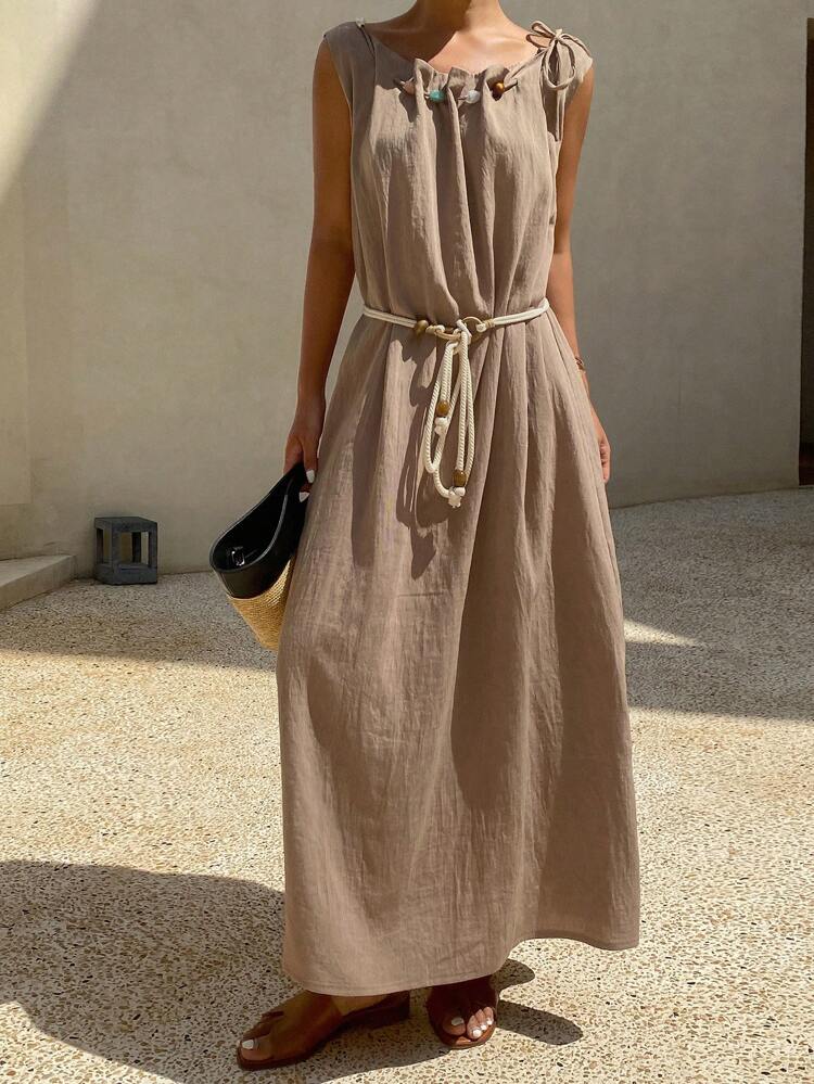 Summer New Loose Casual Beach Holiday Linen Blend Dress For Women Vacation Maxi Dress