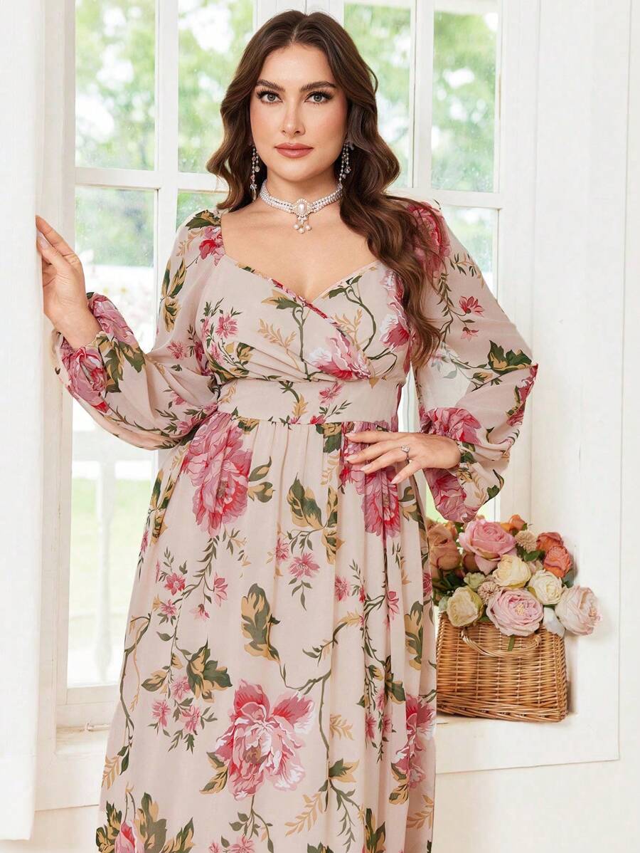 Modelyn Plus Size Floral Print Chiffon Long Sleeve Waist A-Line Midi Dress, Regular Fitting For Spring And Summer
