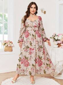 Modelyn Plus Size Floral Print Chiffon Long Sleeve Waist A-Line Midi Dress, Regular Fitting For Spring And Summer