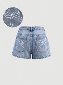 SHEIN Girlism Teen Girls Y2K Fashion Stonewashed High Waist Baggy Denim Jeans Shorts With Cute Bowknot Print Decorated Pockets,Girls Summer Beach Boho Vacation Shorts, Summer Concert Festival Casual Rave Outfits, Girls Summer Brunch Church Graduation Outfits