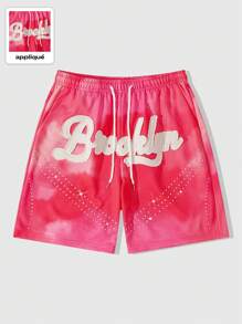 ROMWE MEN Street Life Men's Letter Embroidered Drawstring Waist Pocket Rhinestone Shorts, Vacation - Pink - View 1