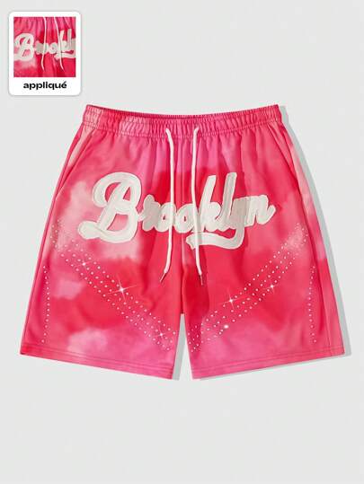 Street Life Men's Letter Embroidered Drawstring Waist Pocket Rhinestone Shorts, Vacation