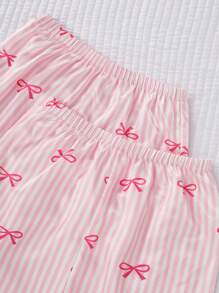 4 件套女童睡衣套装，带条纹、蝴蝶结装饰、吊带背心、短裤，粉色面料，休闲睡衣