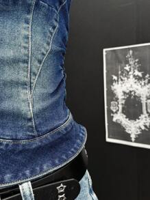 EgrlEra Women's Rhinestone Decorated Sleeveless Zip-Up Fitted Denim Jacket, Streetwear Style - Dark Wash - View 3