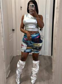 Slaydiva Women One Shoulder Crop Top & Bodycon Skirt Two Pieces Outfits For Daily Wear, Rave - Multicolor - View 1