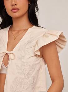 WESTFADE Cotton Twill Spring Country Western Floral Embroidered V Neck Cute Bow Tie Front Ruffle Short Sleeve Boxy Fit Crop Vest - Khaki - View 2