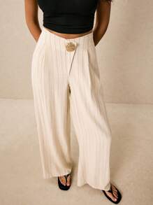 Poéselle Women's Striped Linen Trousers,Wide-Leg Pants With Metal Buckle,Elegant Old Money Style For Brown And Cream,Autumn,Holiday,Brunch,Commuting & Daily - Beige - View 6