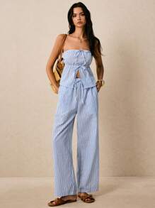 Poéselle 2件套女士条纹前系带抹胸上衣和裤子，休闲 - 藍白色 - 查看 2