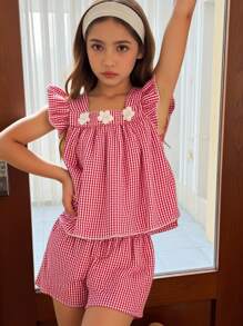 2pcs/Set Teenage Girls Casual Floral & Striped Pattern Comfortable Sleeveless Top And Shorts Set, Summer