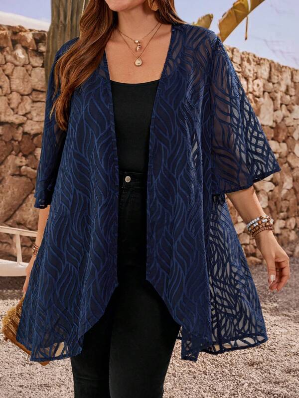 EMERY ROSE Plus Size Women's Summer Navy Blue Elegant Casual Loose Lightweight Cardigan Coats,Gifts For Mother,Summer Holiday,Vacation Outfits Women,Simple And Fashionable For Everyday Wear,Vacay Vibes,Springbreak,Casual Wear SS