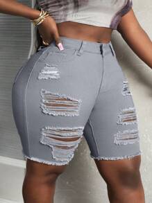 Slaydiva Quần short denim thường ngày viền thô rách có túi cỡ lớn dành cho nữ - Màu Xám nhạt - Xem 8