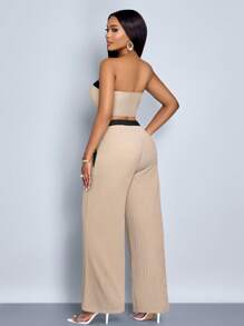 SOLERSUN Bộ áo crop top và quần ống rộng trang trí nút màu cho nữ - Màu be - Xem 2