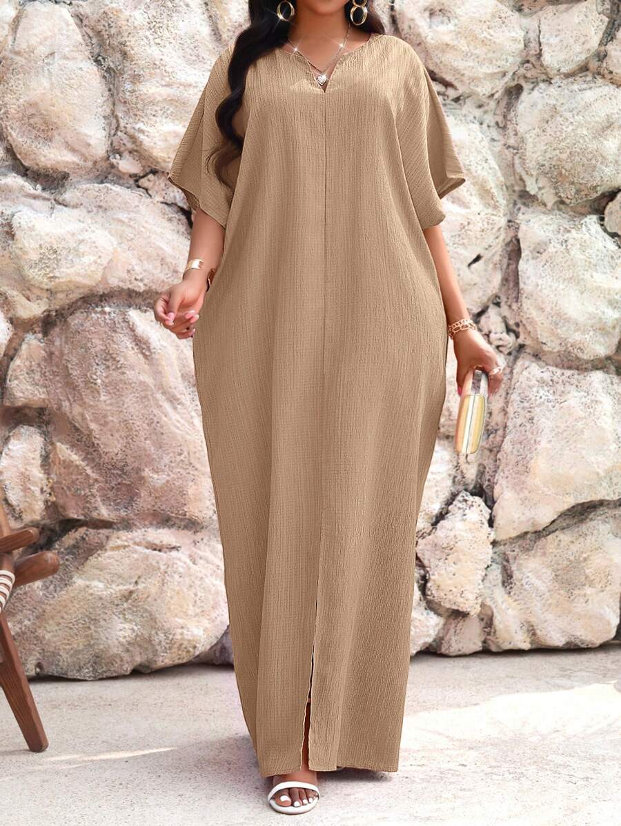 SHEIN Lady 秋冬工作绿色缺口蝙蝠袖长袍连衣裙加大码连衣裙度假装女士沙滩装女士海滩度假沙滩裙婚礼宾客礼服女士商务休闲女士舞会礼服 - 卡其色 - 查看 1