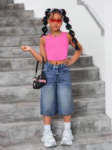 SHEIN 少女时尚休闲Y2K复古蓝色舒适宽松阔腿三英寸牛仔裤，适合少女日常穿着，柔软舒适，也适合少女春夏派对、节日和海滩穿着。