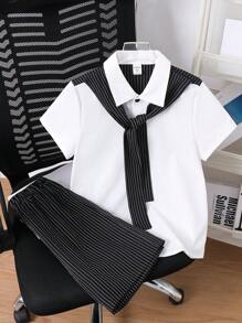 Ținută casual pentru băieți preadolescenti, 2 buc.: cămașă cu guler scurt și pantaloni scurți cu talie elastică, confortabilă, la modă, versatilă, moale, potrivită pentru primăvară, vară, purtare zilnică, joacă în aer liber, școală, stradă, petrecere și timp liber. - Alb-negru - Vizualizare 5