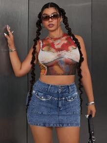 SHEIN ICON Plus Size Women Summer Rhinestone Decor Denim Mini Skirt - Grey - View 6
