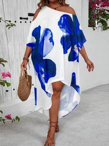 SHEIN VCAY Vestido de vacaciones asimétrico de un hombro y dobladillo para talla grande - azul real - Ver 4
