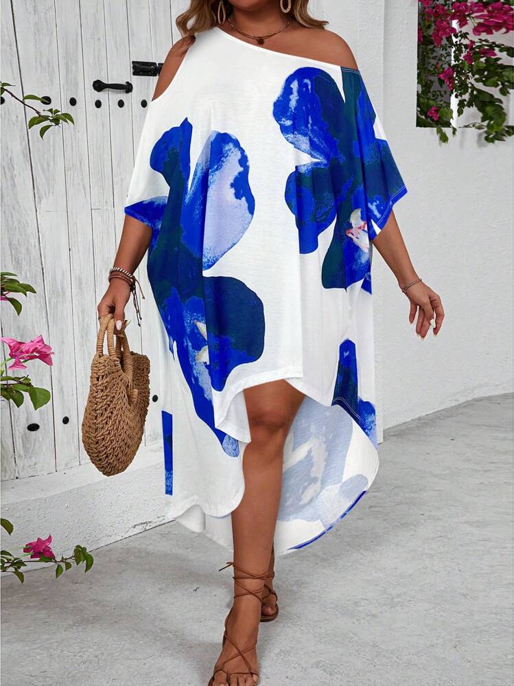 SHEIN VCAY Plus Size One Shoulder Asymmetrical Hem Vacation Dress - Royal Blue - View 4