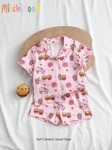 Baby Girl Cute Light Pink Summer Holiday Graphic Shorts Set,Cartoon Burger Fries Doughnut Print Short Sleeve Cardigan Soft Comfortable Home Outfit - Pink - View 1
