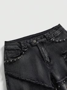 ROMWE Grunge Punk Y2K朋克铆钉装饰做旧复古水洗修身喇叭加大码韩版牛仔裤 - 黑色 - 查看 4