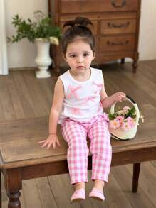 SHEIN Vintaside Kids 女宝宝2022夏季新款蝴蝶结拼接设计无袖背心+粉色格子长裤套装，增加甜美感 - 白色 - 查看 1