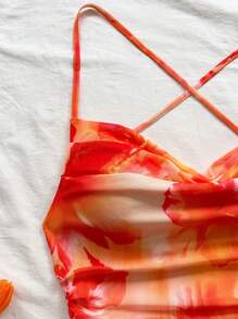 Soleia 女士假日蓝白细肩带垂坠领露背蝴蝶结美人鱼迷你连衣裙，性感度假气息，适合约会、下午茶、海滩、游轮、城市旅行、四季、音乐节、波西米亚度假、波西米亚风服装 - 橘色 - 查看 4