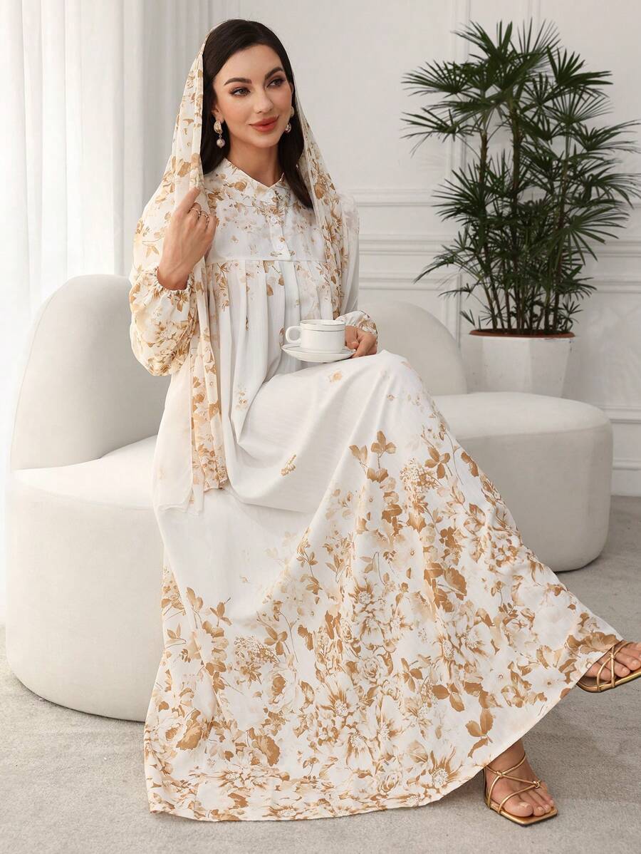 Al Najma Đầm Maxi Đi Nghỉ In Hoa Tay Dài Thiết Kế Nút Cho Nữ - Màu vàng - Xem 1