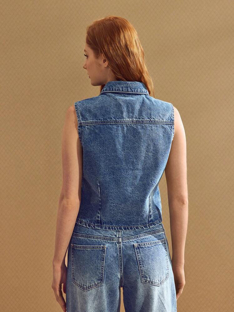 SHEIN Frenchy Chaleco de mujer de Body único de jean con pluma y diamantes de imitación - Azul - Añade 3