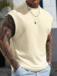 Manfinity Homme Men's Solid Color Textured Fabric Round Neck Casual Tank Top - Beige - View 5