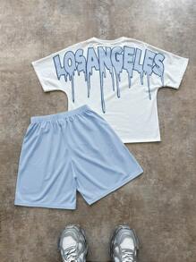 SHEIN Tween Boy Street Style Short Sleeve T-Shirt And Shorts Set - Baby Blue - View 2