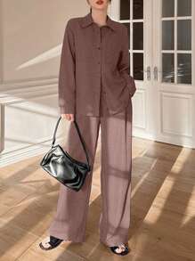 DAZY 2pcs Set Women Solid Color Pocket Loose Shirt And Wide Leg Pants,Fall Women Clothes Lounge Sets For Women - Pink - View 4