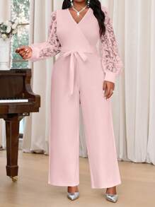 SHEIN Lady 春夏秋冬优雅通勤办公室鸡尾酒会情人节婚礼白色针织刺绣重叠领重叠领撞色蕾丝腰带长袖大码连体裤优雅装情人节装春季茶会装夏季女士装 - 藕粉色 - 查看 1