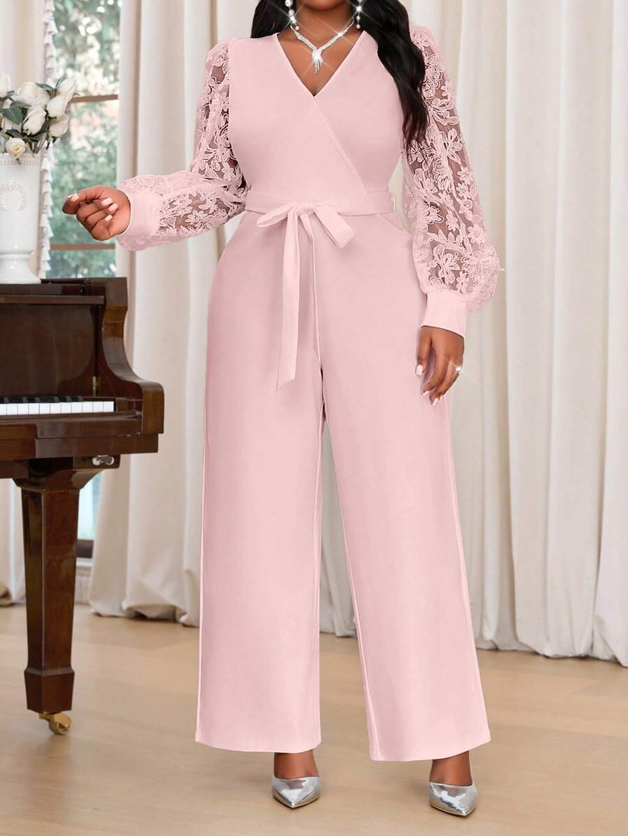 SHEIN Lady 春夏秋冬优雅通勤办公室鸡尾酒会情人节婚礼白色针织刺绣重叠领重叠领撞色蕾丝腰带长袖大码连体裤优雅装情人节装春季茶会装夏季女士装 - 藕粉色 - 查看 1