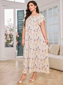 Lacomfia Plus Size Women's Ditsy Floral Crew Neck Loose Casual Maxi Dress - Apricot - View 6