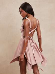 NYA SZN Dusty Rose,Summer,70s,Party Low Cut Sleeveless Handkerchief Hem Fairycore Sundress,Satin Prom Formal Wedding Guest Bridal Bridesmaid Festival Outfits - Pink - View 7