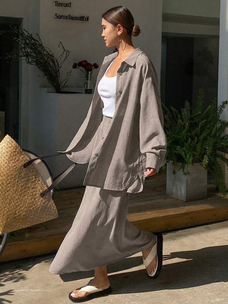 Western Style Beach Vacation Solid Color Denim Effect Linen Material Loose Casual 2 Pieces Set For Women, Spring,Fall Clothes Lounge Sets For Women