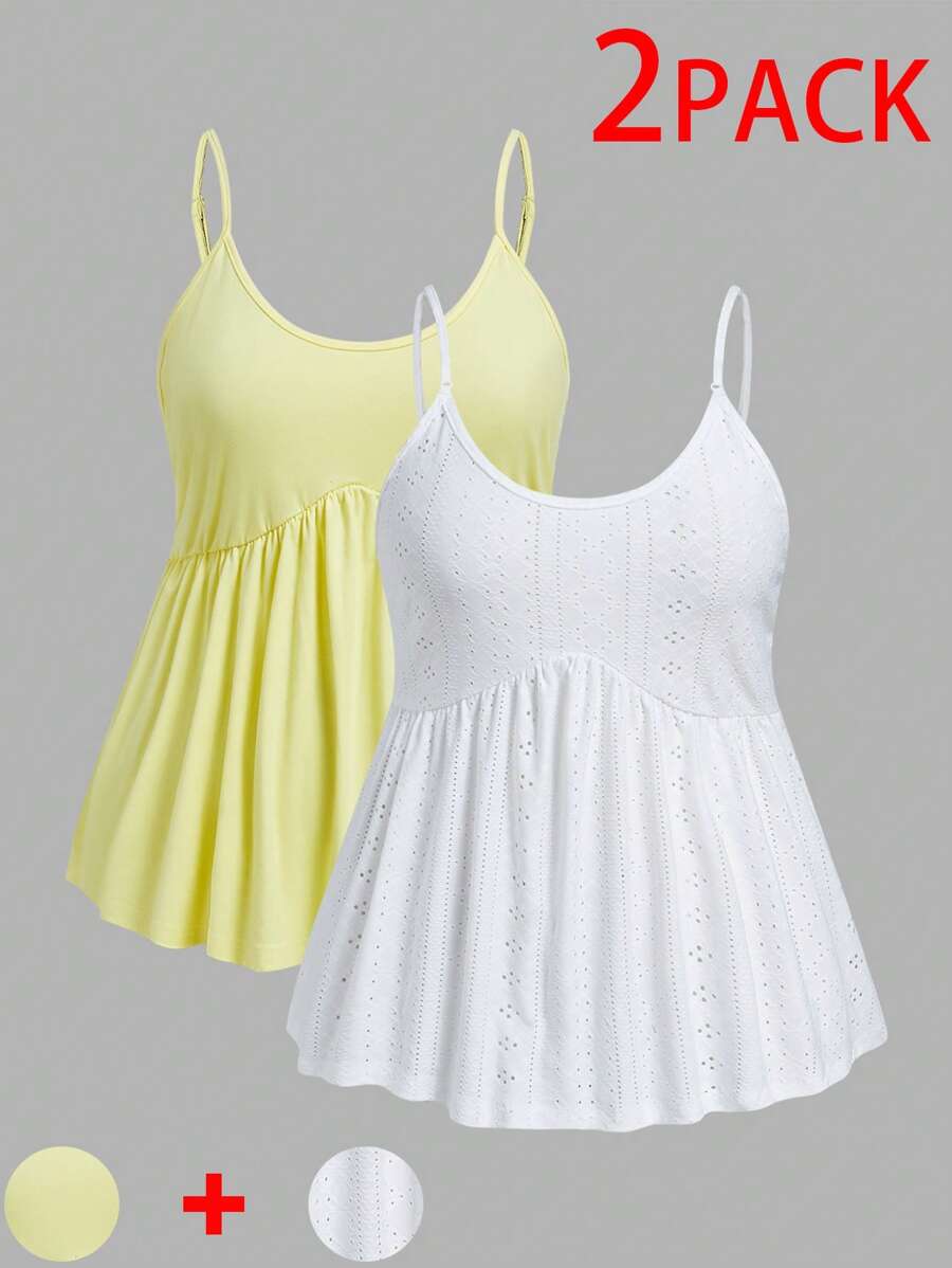 SHEIN EZwear Plus Size Women Yellow & White Floral Embroidered Camisole Tank Top - Yellow - View 1