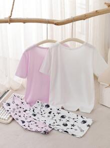 4pcs/Set Teen Girls Minimalist Chic Moon & Space Print Casual Matching Ribbed Pink & White Tight Short Sleeve Top & Shorts Home Set - Baby Pink - View 2