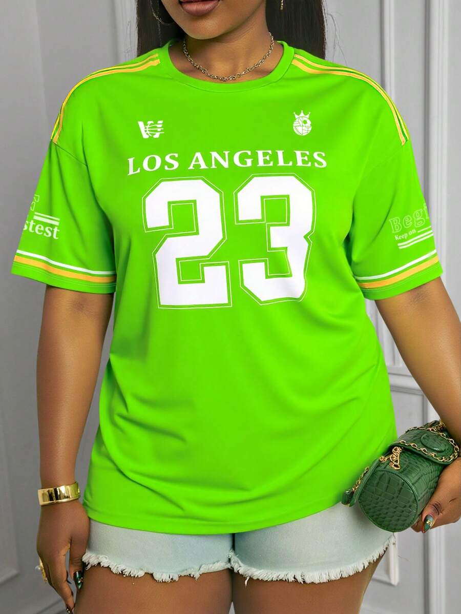 Maweii 大码女式圆领 23 数字和字母印花针织短袖 T 恤，运动休闲风格 - 彩色 - 查看 1